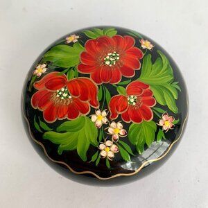 Vintage Ukraine Ukrainian Hand-Painted Trinket Bowl Dish Lidded Floral Lacquered